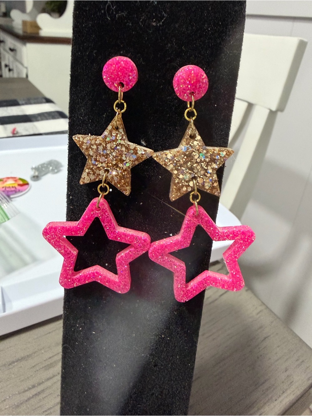 Pink & Gold Glitter Star Drop Earrings